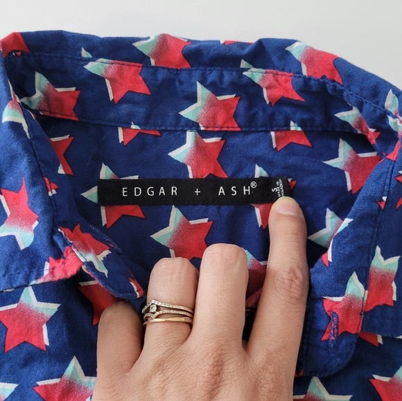 Edgar And Ash Blue Red Stars AOP Patriotic Summer Button Down Shirt - Picture 7 of 10